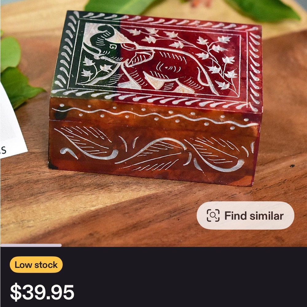 Handcrafted Elephant soapstone Design jewelry‎ or trinket Box